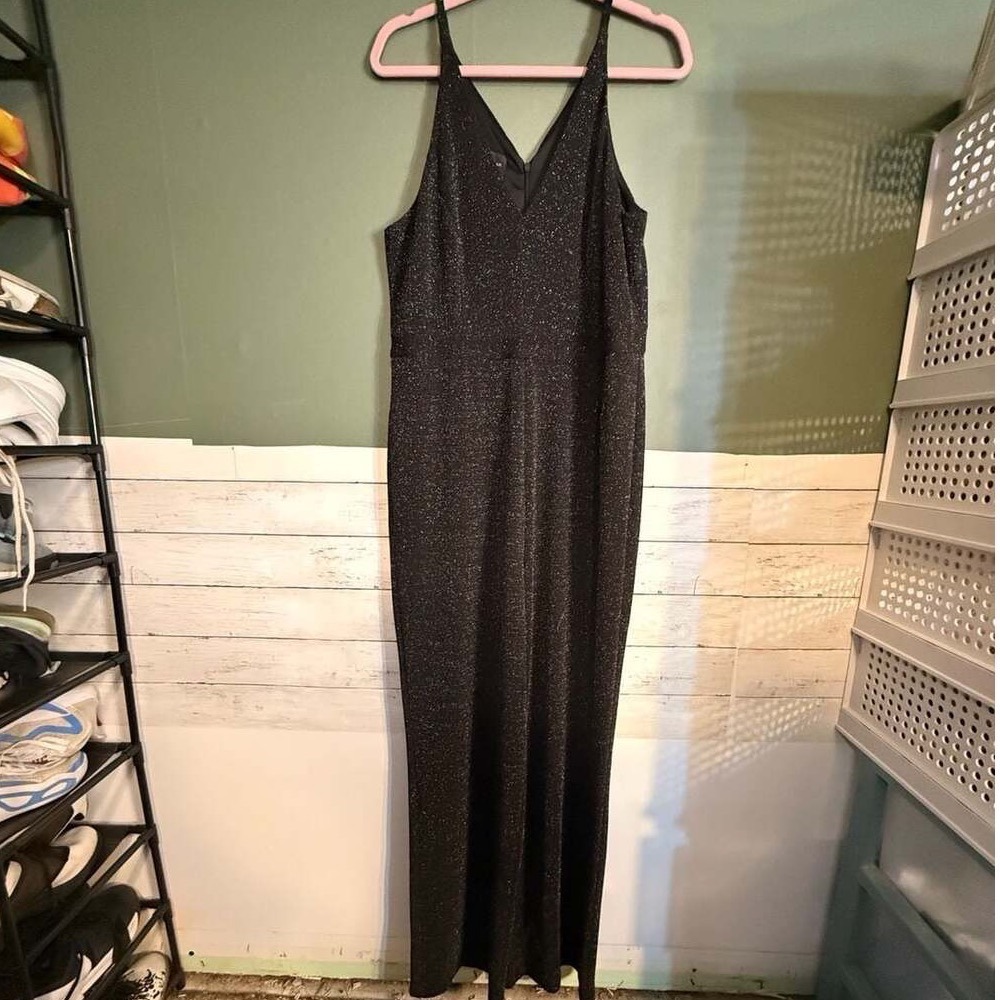 Donna Morgan Black Metallic Glitter Sparkle Sleeveless Maxi Dress Pants‎ Size 14